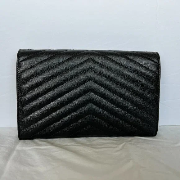 YSL Saint Laurent MONOGRAM CHAIN WALLET | BLACK GRAIN DE POUDRE EMBOSSED LEATHER - Picture 3 of 16